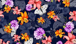 Preview wallpaper pattern, flowers, butterflies, turtles