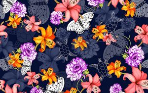 Preview wallpaper pattern, flowers, butterflies, turtles