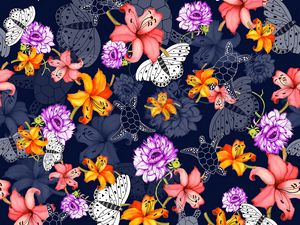 Preview wallpaper pattern, flowers, butterflies, turtles