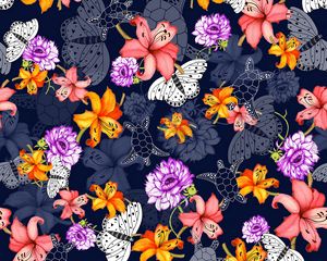 Preview wallpaper pattern, flowers, butterflies, turtles