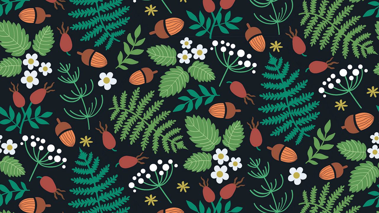 Wallpaper pattern, forest, motif, leaves, berries, acorns, strawberries