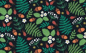 Preview wallpaper pattern, forest, motif, leaves, berries, acorns, strawberries