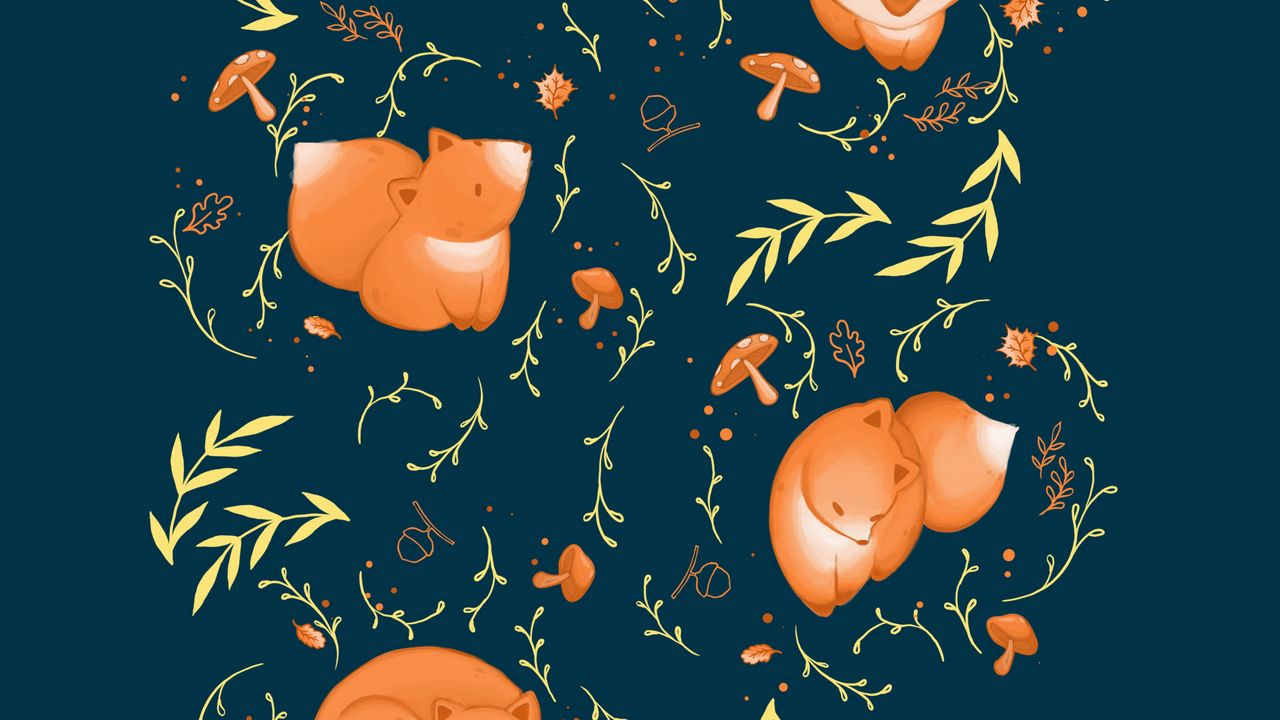 Wallpaper pattern, fox, leaves, branches, mushrooms, acorns