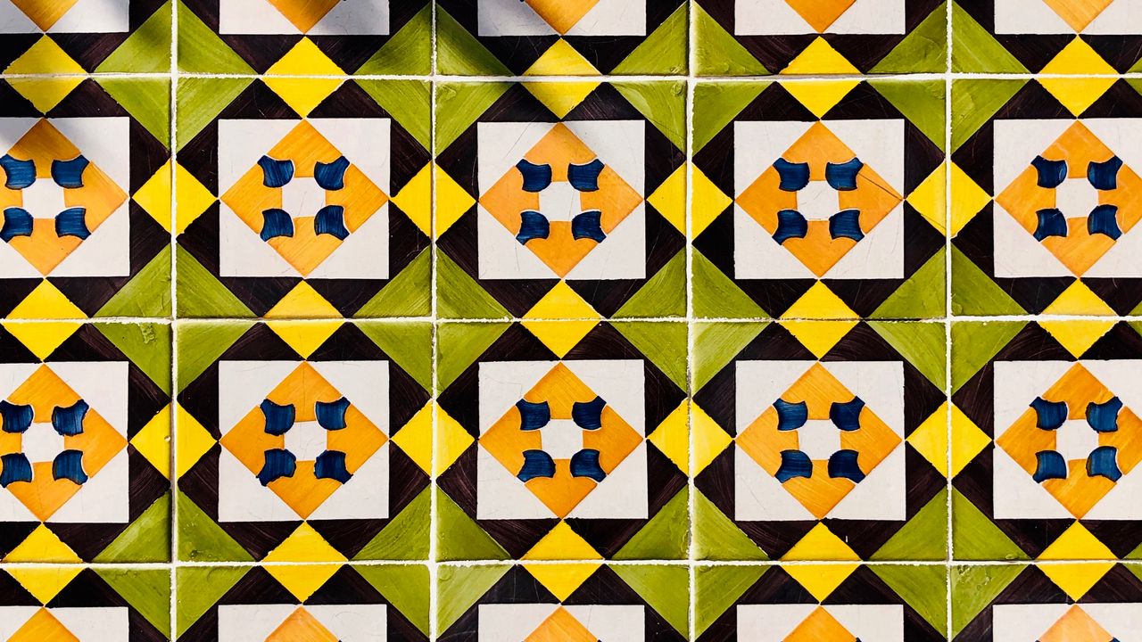 Wallpaper pattern, geometric, colorful, squares, rhombus, triangles