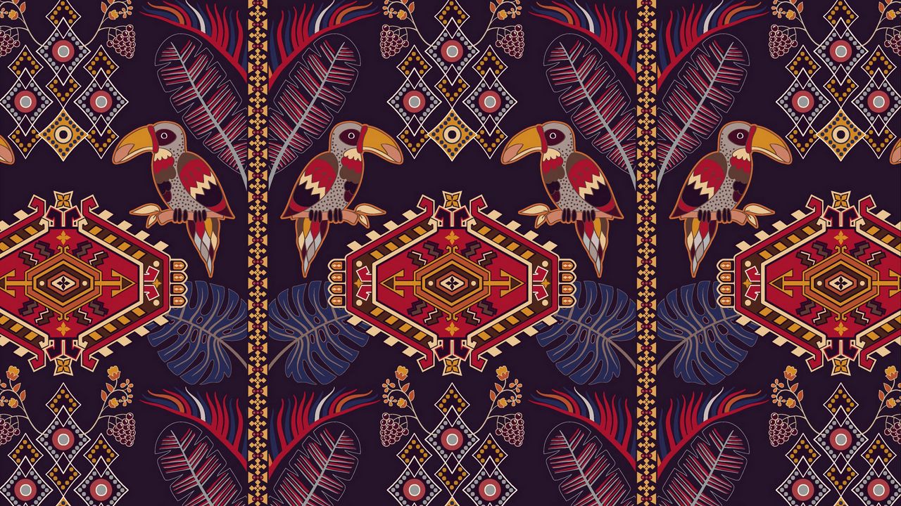 Wallpaper pattern, ornament, motive, toucans, colorful