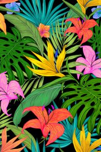 Preview wallpaper pattern, tropical, flowers, leaves, lilies, palm leaves, colored