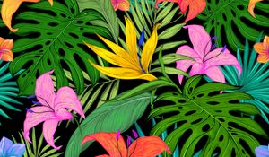 Preview wallpaper pattern, tropical, flowers, leaves, lilies, palm leaves, colored