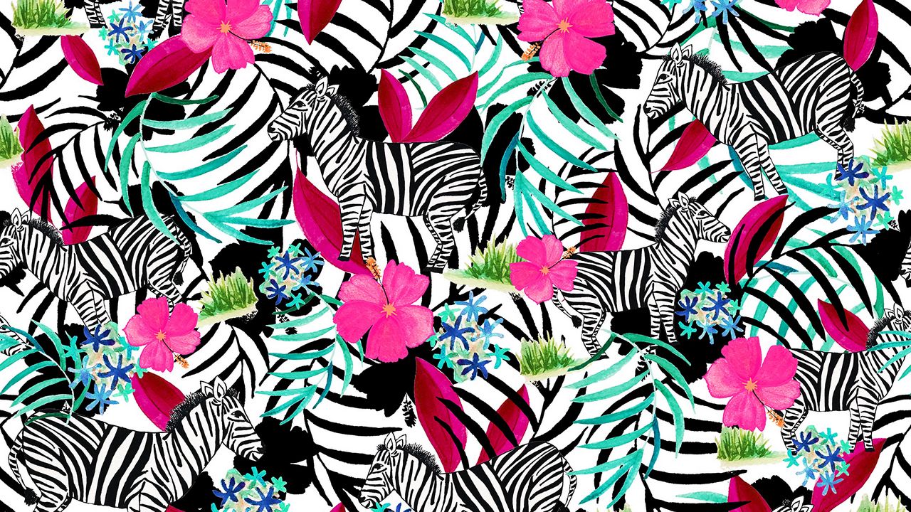 Wallpaper pattern, zebras, flowers, leaves