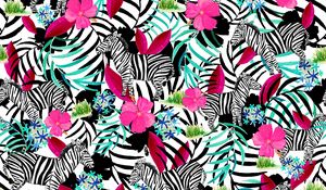 Preview wallpaper pattern, zebras, flowers, leaves