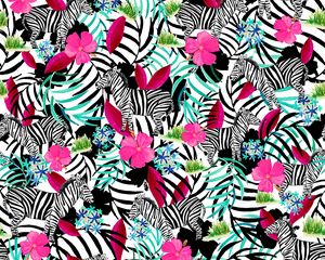 Preview wallpaper pattern, zebras, flowers, leaves
