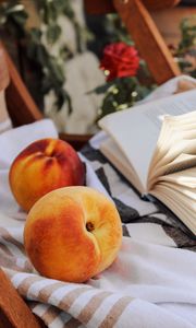 Preview wallpaper peach, fruit, book, page, cloth