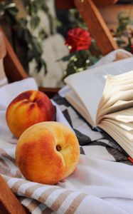 Preview wallpaper peach, fruit, book, page, cloth