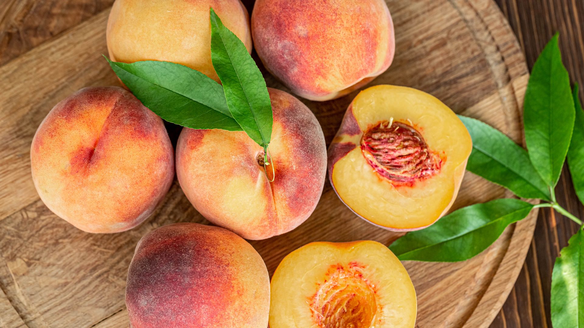 Download wallpaper 1920x1080 peaches, fruit, leaves, ripe full hd, hdtv ...