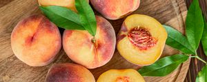 Preview wallpaper peaches, fruit, leaves, ripe