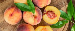 Preview wallpaper peaches, fruit, leaves, ripe