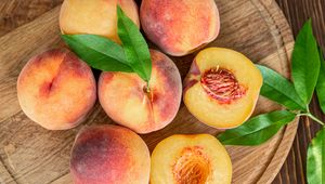 Preview wallpaper peaches, fruit, leaves, ripe