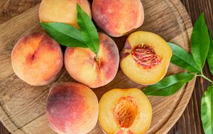 Preview wallpaper peaches, fruit, leaves, ripe