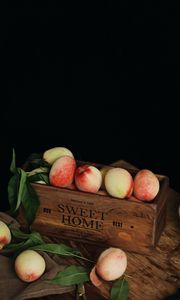 Preview wallpaper peaches, fruits, leaves, box