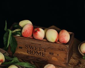 Preview wallpaper peaches, fruits, leaves, box