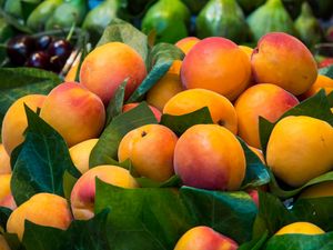 Preview wallpaper peaches, fruits, leaves, food