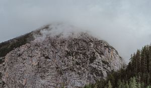 Preview wallpaper peak, mountain, fog, stone, trees