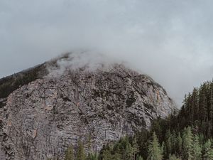 Preview wallpaper peak, mountain, fog, stone, trees