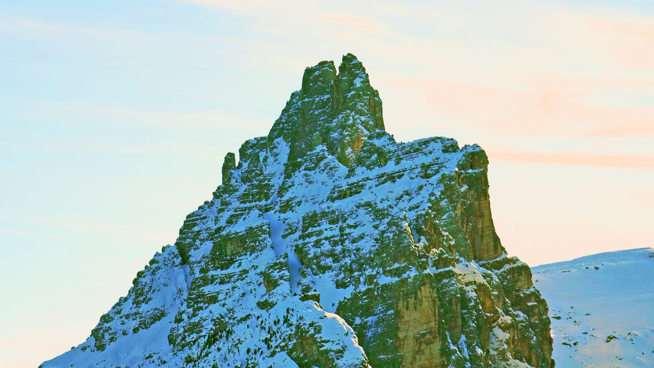 Wallpaper peak, mountain, rocks, trees, snow, snowy