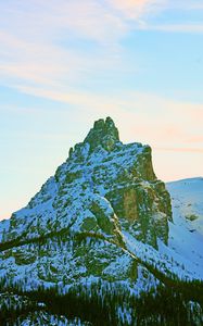 Preview wallpaper peak, mountain, rocks, trees, snow, snowy