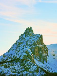 Preview wallpaper peak, mountain, rocks, trees, snow, snowy