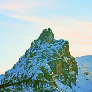Preview wallpaper peak, mountain, rocks, trees, snow, snowy