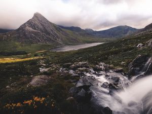 Preview wallpaper peak, mountains, stones, flowers, landscape