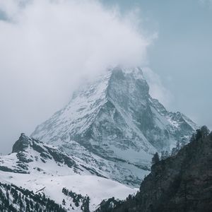 Preview wallpaper peak, rocks, trees, snow, snowy