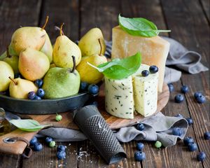 Preview wallpaper pears, cheese, berries, blueberries, still life