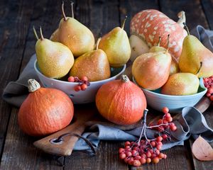 Preview wallpaper pears, squash, mountain ash, plate