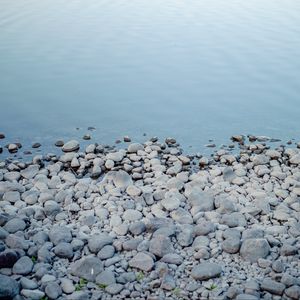 Preview wallpaper pebbles, coast, sea, nature, blue