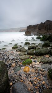 Preview wallpaper pebbles, stones, sea, fog, rocks