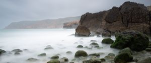 Preview wallpaper pebbles, stones, sea, fog, rocks