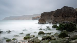 Preview wallpaper pebbles, stones, sea, fog, rocks