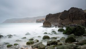 Preview wallpaper pebbles, stones, sea, fog, rocks