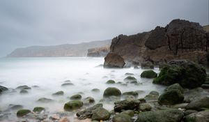 Preview wallpaper pebbles, stones, sea, fog, rocks