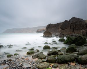 Preview wallpaper pebbles, stones, sea, fog, rocks