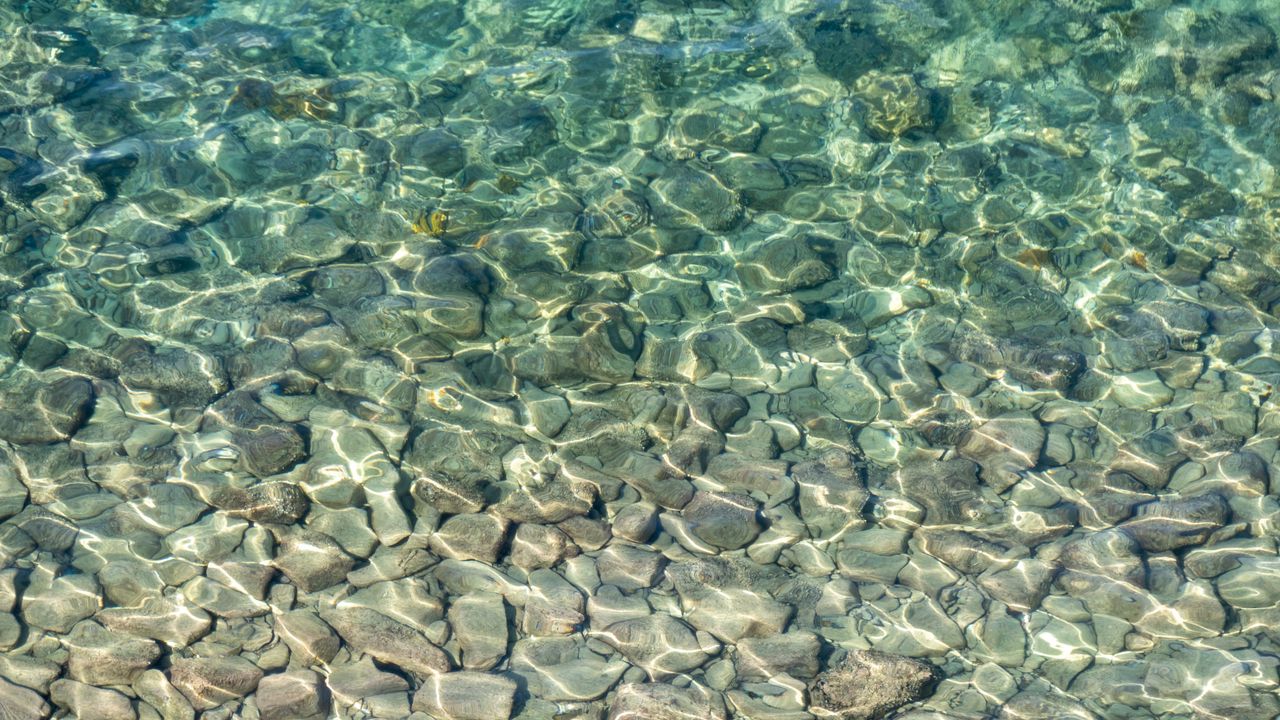 Wallpaper pebbles, water, bottom, glare