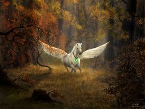 Preview wallpaper pegasus, horse, wings, forest, fantasy, art