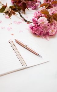 Preview wallpaper pen, notepad, flowers, white, aesthetics