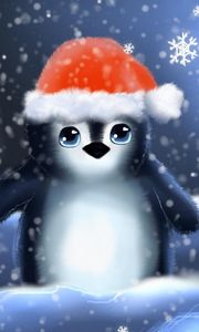 Preview wallpaper penguin, hat, cub, snowflakes, christmas, inscription