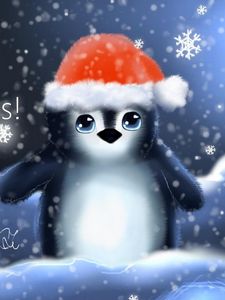 Preview wallpaper penguin, hat, cub, snowflakes, christmas, inscription