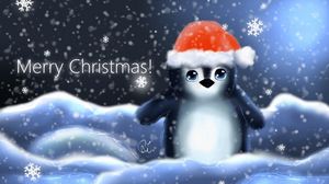 Preview wallpaper penguin, hat, cub, snowflakes, christmas, inscription