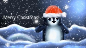 Preview wallpaper penguin, hat, cub, snowflakes, christmas, inscription