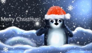 Preview wallpaper penguin, hat, cub, snowflakes, christmas, inscription