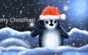 Preview wallpaper penguin, hat, cub, snowflakes, christmas, inscription